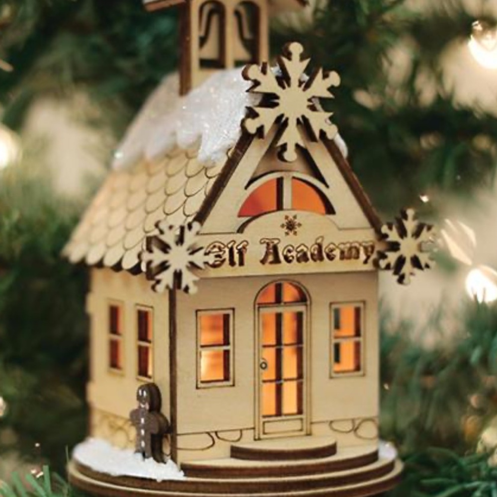 Elf Academy Wooden Holiday Ornament gingerbread cottages